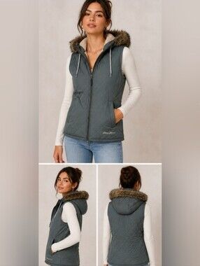 Eddie Bauer Slate Green Quilted Hooded Vest with Faux-Fur Trim